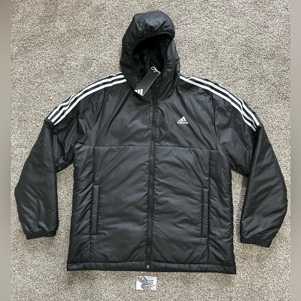 New Adidas Essentials 3 Stripe Insulated Hoodie Jacket Black White Mens Size